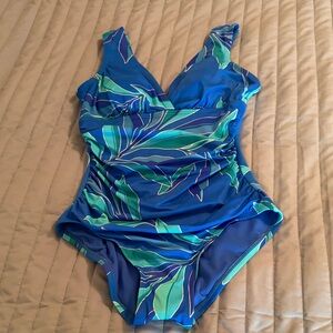 Blue Tropical-Print One-Piece Swimsuit with Ruched Sides